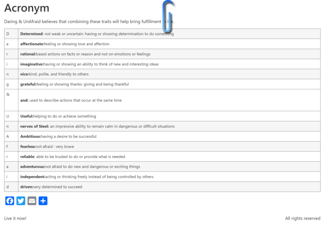 Acroynm Page for Daring and UnAfraid